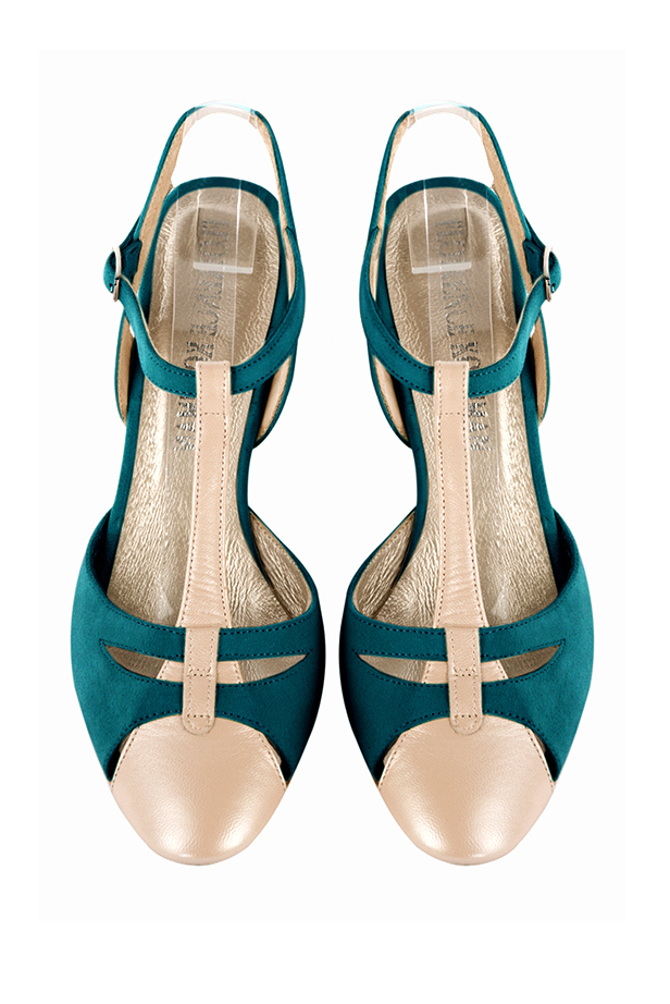 Gold and peacock blue women's open back T-strap shoes. Round toe. High slim heel. Top view - Florence KOOIJMAN